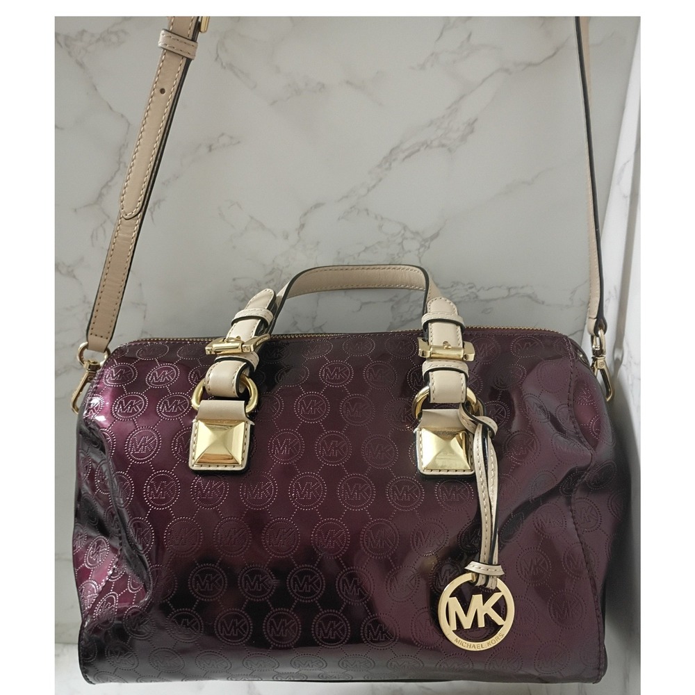 MICHAEL KORS Grayson Bordeaux Logo Embossed Patent Leather Crossbody Bag - EUC